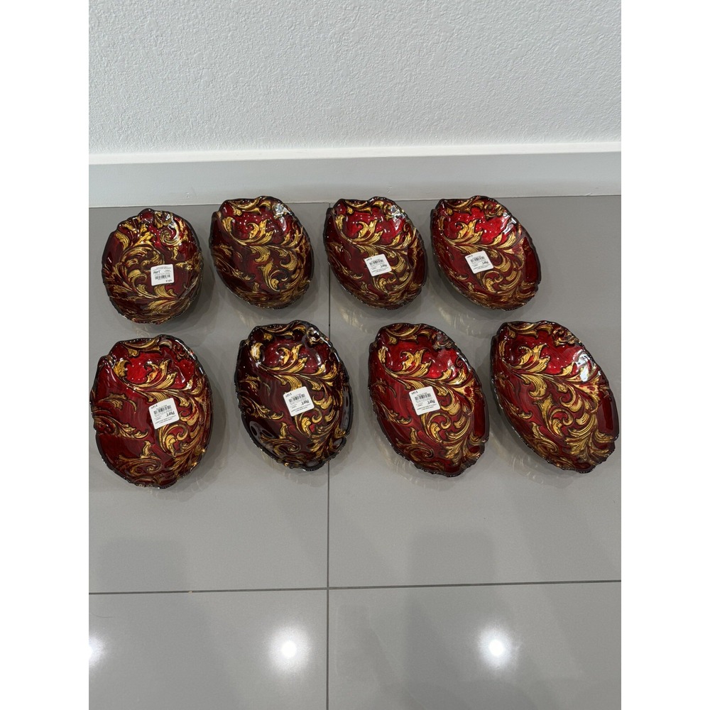 8 PIER 1 One IMPORTS SOUP SALAD CEREAL BOWLS RARE CHRISTMAS RED AND GOLD DESIGN